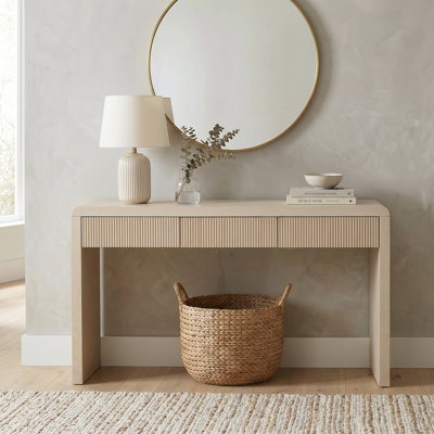 Console rustique avec 3 tiroirs cannelés, table d'entrée en placage de bois massif avec pieds réglables, table d'appoint de couloir résistante aux égratignures en abricot