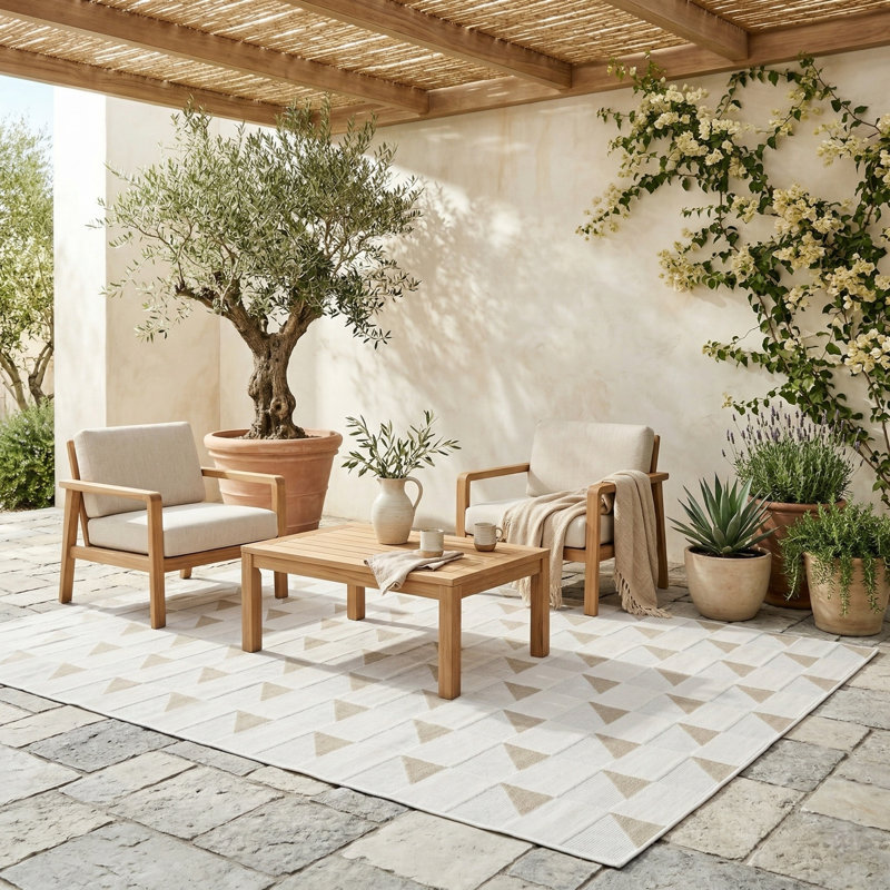 Turkish Unfaded Plaid Indoor Outdoor High-Low Pile Area Rug in Beige/Cream for Patios, Deck, Porch Or Entryway