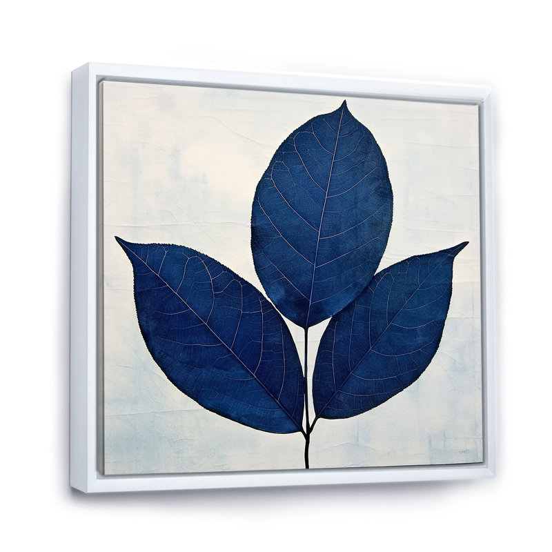 Silhouette de feuilles bleues saphir I, Cadre flottant blanc, H 30 po x l 30 po x P 1 po