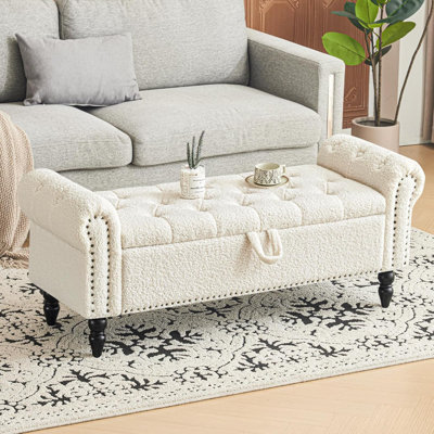 Banc de rangement 51 po, banc de bout avec grand repose-pieds capitonné en lin avec fenêtre et rangement pour armoire à chaussures, pour chambre à coucher, vestibule, placard