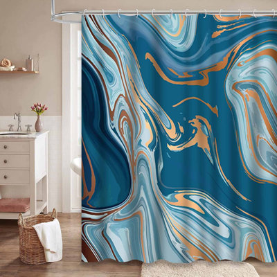 Liquid Marble Colorful Marbling Gold Shower Curtain with 12 Hooks