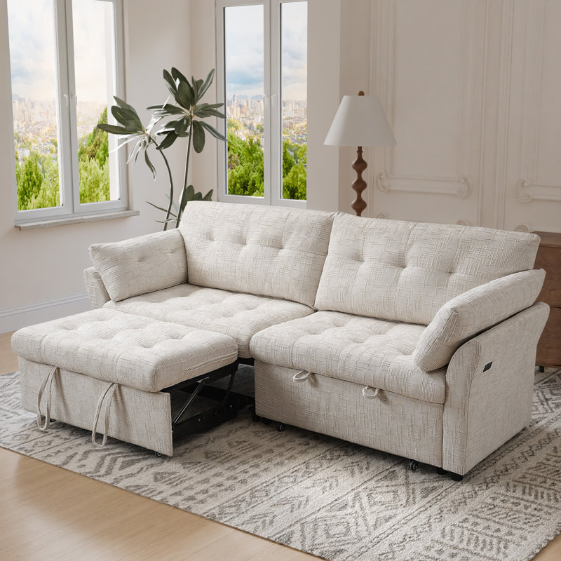 90"Wide 3 in 1 Sofa Bed with Adjustable Backrest, 3 Seater Recliner and USB Charging for Living Room,Beige, Beige