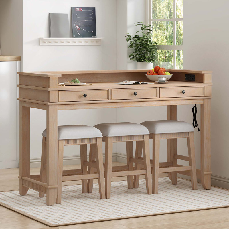 Ensemble de table de salle à manger Retro 4PCS avec 3 chaises et 3 tiroirs de rangement USB multiprise pour petits espaces