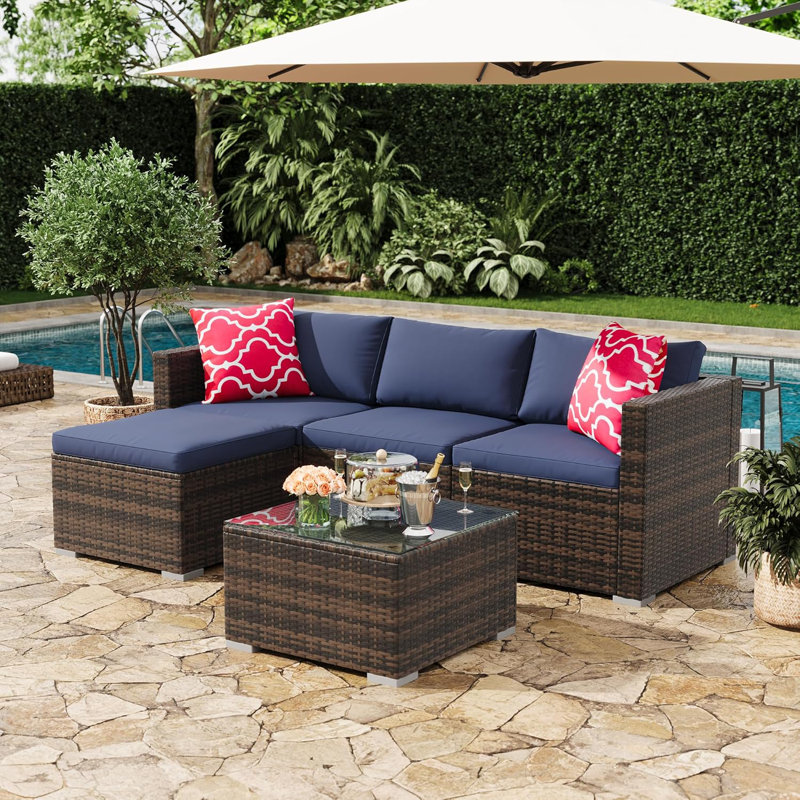 Outdoor Patio Furniture Set, 5 Pieces Rattan Patio Conversation Sets with Glass Coffee Table and Cushion,All Weather Outdoor Patio Sofa for Garden, Poolside, Backyard