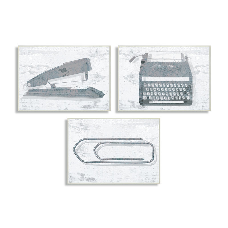 «Textured Mute Office Fournitures Machine à écrire et trombone trio», ensemble de 3 impressions, H 10 po x l 15 po x P 0,5 po
