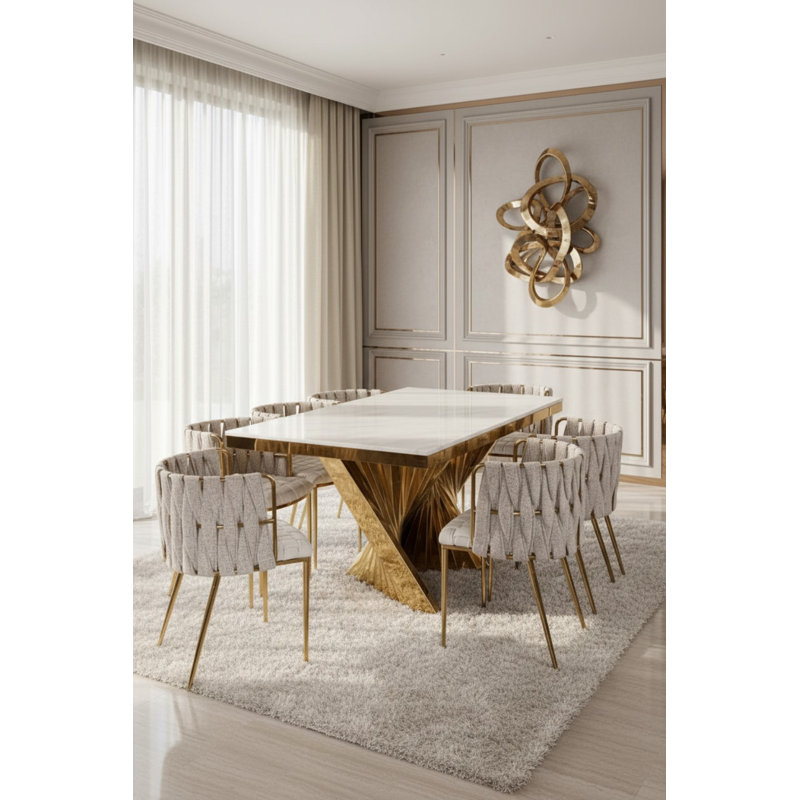 Tyrone Woven Strap Dining Arm Chair Set with Weave Design and Sleek Metal Frame, Off White Faux Leather, Gold