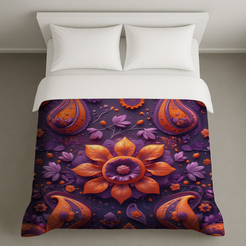 Housses de couette mauve à motif floral cachemire orange, Lit simple