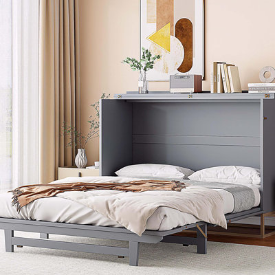 Murphy queen bed with frosted glass doors design, fake drawers, metal legs, Gray