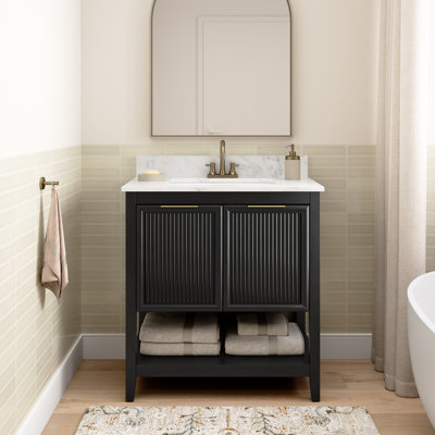 32” Bathroom Vanity with Sink, Fluted Cabinet, Faux Marble Top, Modern Style, Onyx Birch