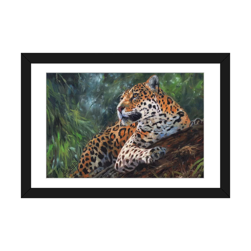 «Jaguar in Tree», impression sur toile, H 24 po x l 32 po x P 1 po, Papier d'art encadré noir, Blanc