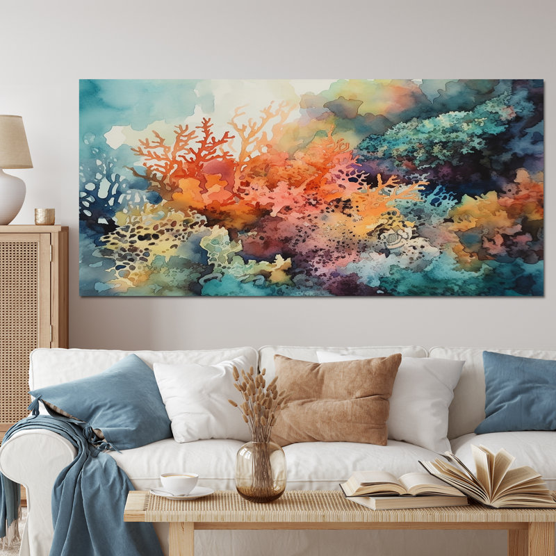 «Vibrant Coral Reef I - Modern Beach», art mural, Toile tendue, H 28 po x l 60 po x P 1,5 po