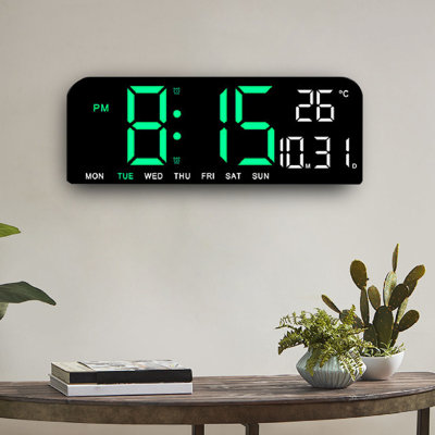 Digital Alarm Clock Large LED Display Desk Wall with Temperature Date Week Adjustable Brightness 12 24H for Home Bedroom Office Green