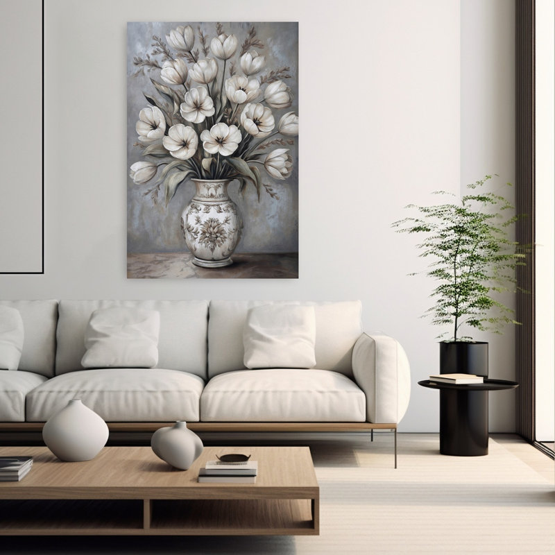 Fleurs blanches, vase antique classique, art contemporain, tulipe, H 60 po x l 40 po
