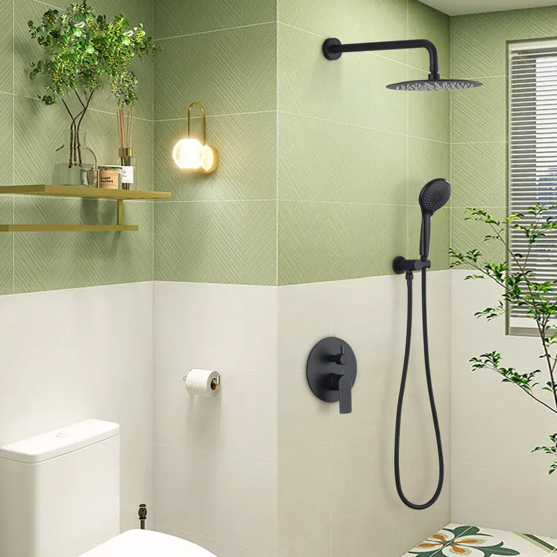 10" Round Complete Shower System with Rough-in Valve and Handheld Shower, Brushed Gold