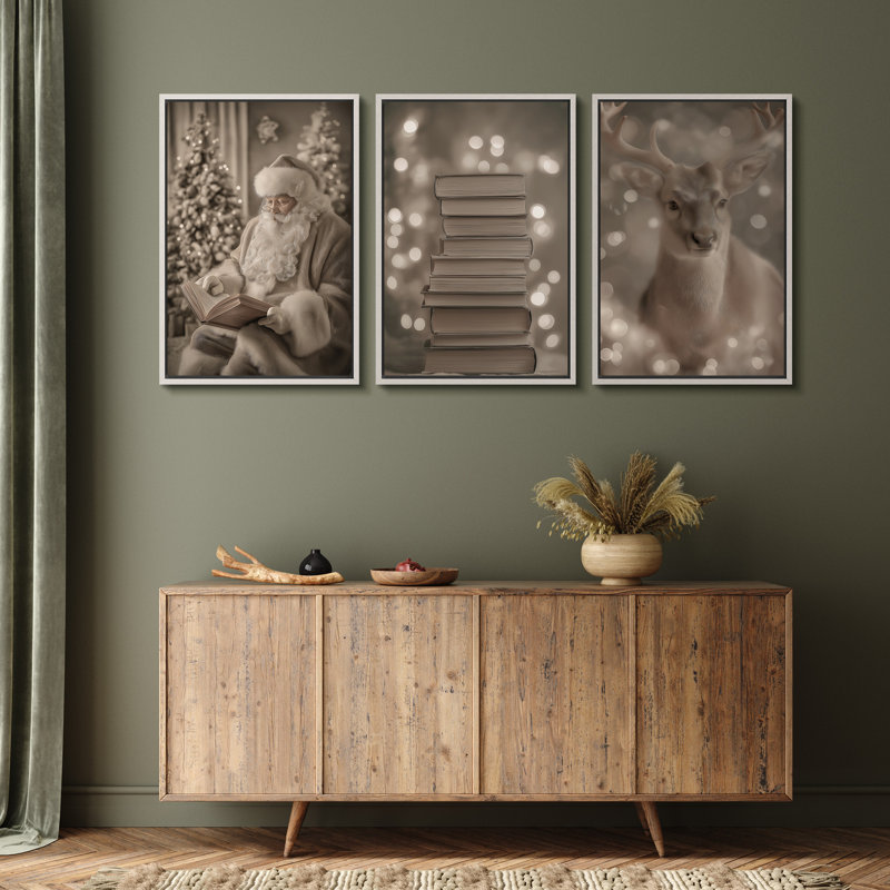 «Neutral Toned Christmas Trio with Santa, Books and Deer Art», reproduction d'art sur toile encadrée 3 pièces