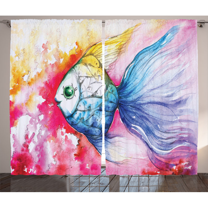 Fish Paint Decor Wildlife Semi-Sheer Rod Pocket Curtain Panels, 54" W x 90" L