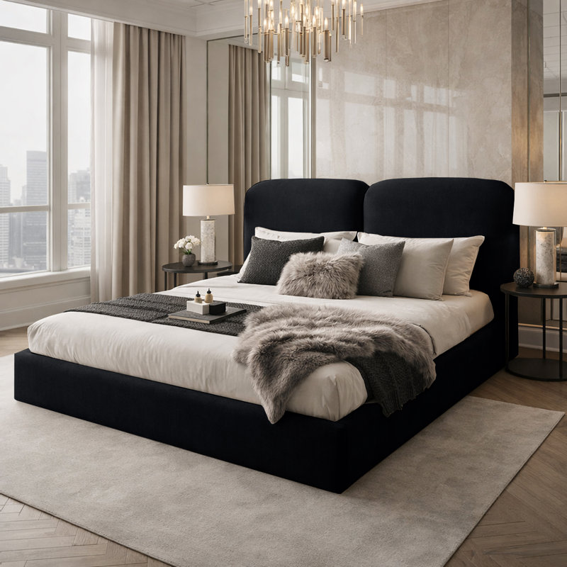 Upholstered Velvet Bed, Double (4'6), Black