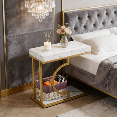 Table de bout stable avec cadre en faux marbre et or, conception compacte pour une utilisation polyvalente, largeur de 23,35 po, profondeur de 11,65 po, hauteur, plateau léger et facile à nettoyer, idéal pour créer un coin lecture, bouger