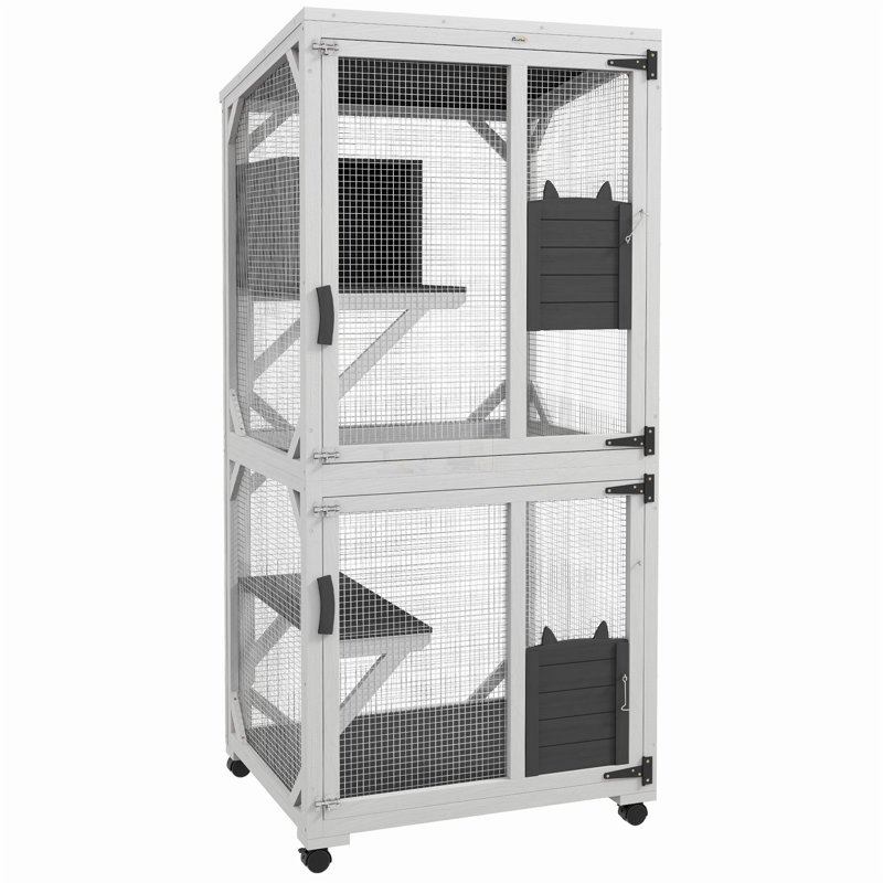 Catio en bois avec toit imperméable, spacieuse enceinte intérieure et extérieure pour 1 à 3 chats, boîte de repos surélevée et roues