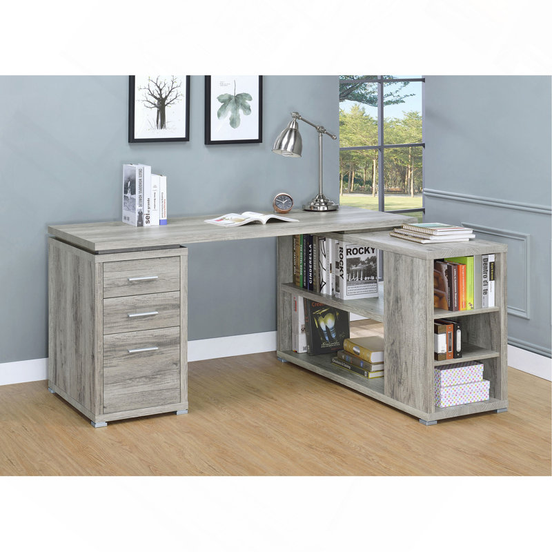 Bureau en L gris à 3 tiroirs en bois flotté