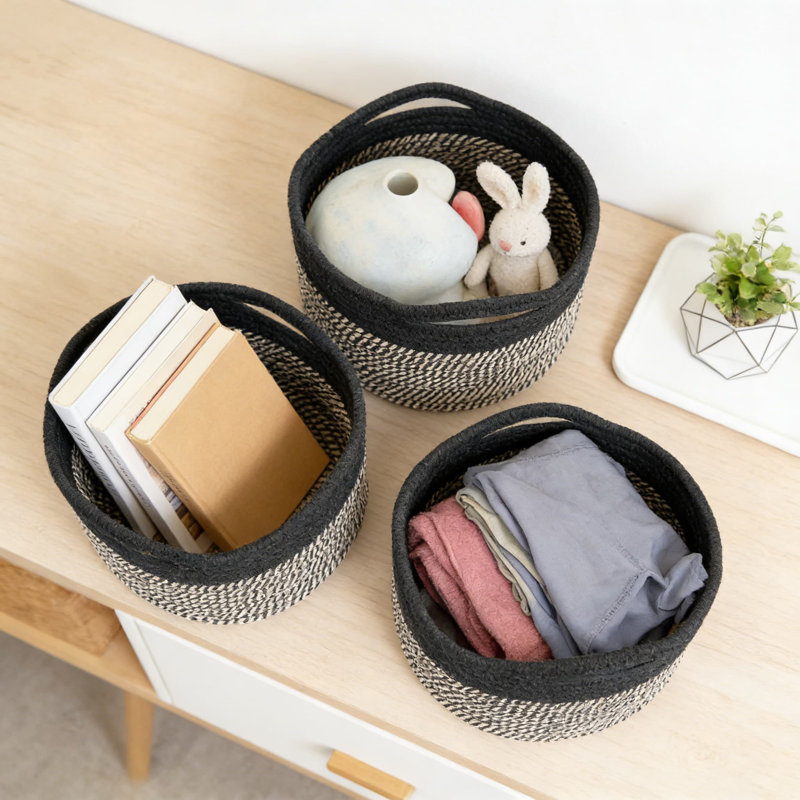 Hand-Woven Cotton Rope Storage Baskets, Decorative Round Woven Organizer Bins With Reinforced Handles For Home, Shelf, Toy, And Gift Use