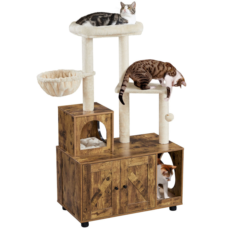 Rustic Brown Cat Tree Tower with Litter Box Enclosure