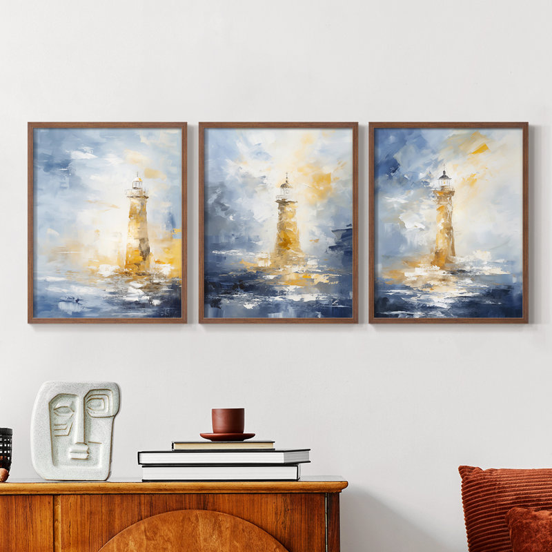 Série Sea and Shore CXL - Ensemble de 3 estampes numériques encadrées - Prêt à être accroché, Cadre noyer, 28" H x 22" W