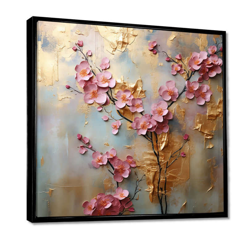 Orchidées roses sur or rétro - décoration murale orchidée, H 30 po x l 30 po x P 1 po, Toile avec cadre flottant noir