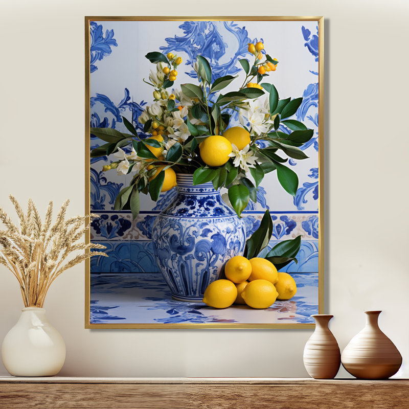 Carreaux grecs nature morte cuisine III - Boho Pottery, art mural, H 32 po x l 24 po x P 1 po, Cadre flottant doré