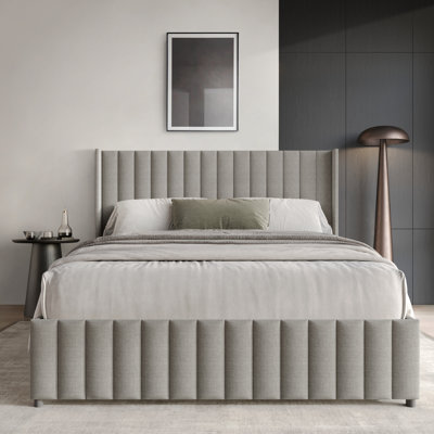 FULL SIZE WINGBACK PLATFORM LIFT UP STORAGE BED IN GREY LINEN
