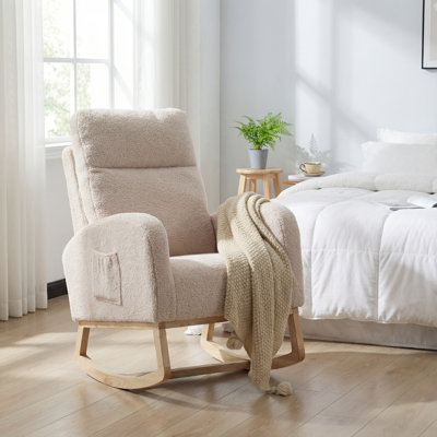 Chaise berçante moderne et rembourrée avec dossier haut et poche latérale, fauteuil confortable pour le salon, la chambre à coucher et la chambre de bébé