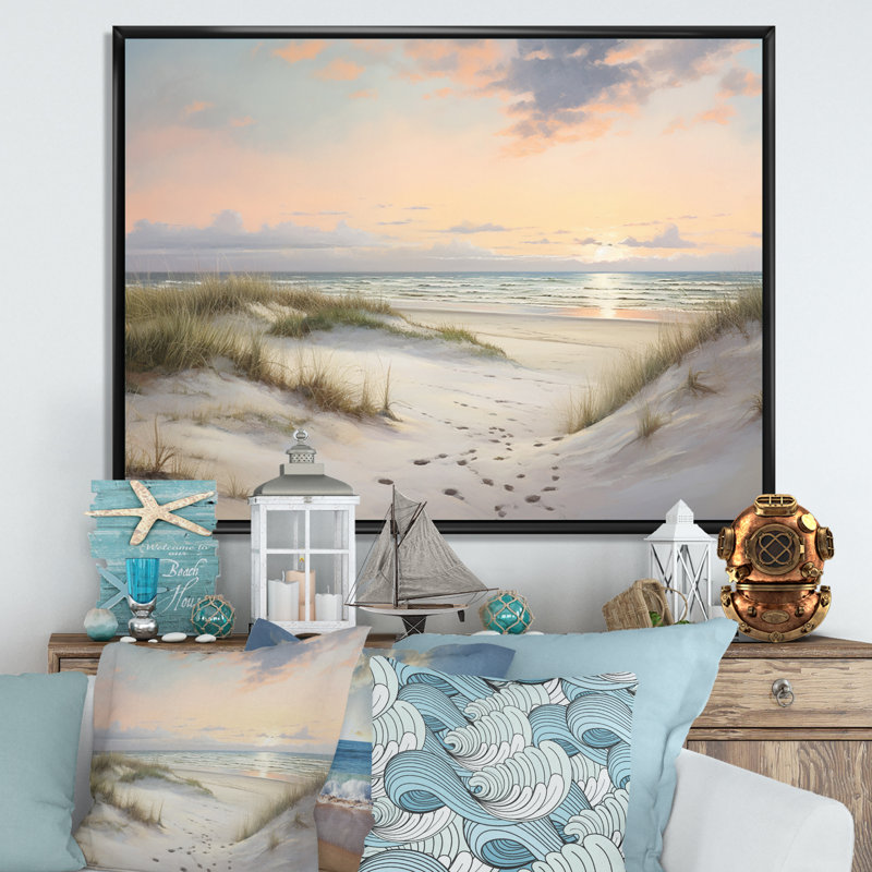 Beach Serenity - Doux rose pastel lever de soleil I - impression, H 12 po x l 20 po x P 1 po, Cadre flottant noir