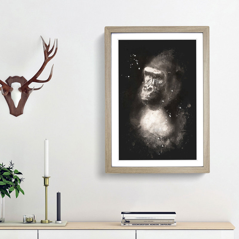 Mighty Silverback Gorilla Paint Splash - Picture Frame Graphic Art, 45cm H x 33cm W x 2cm D, Oak Framed