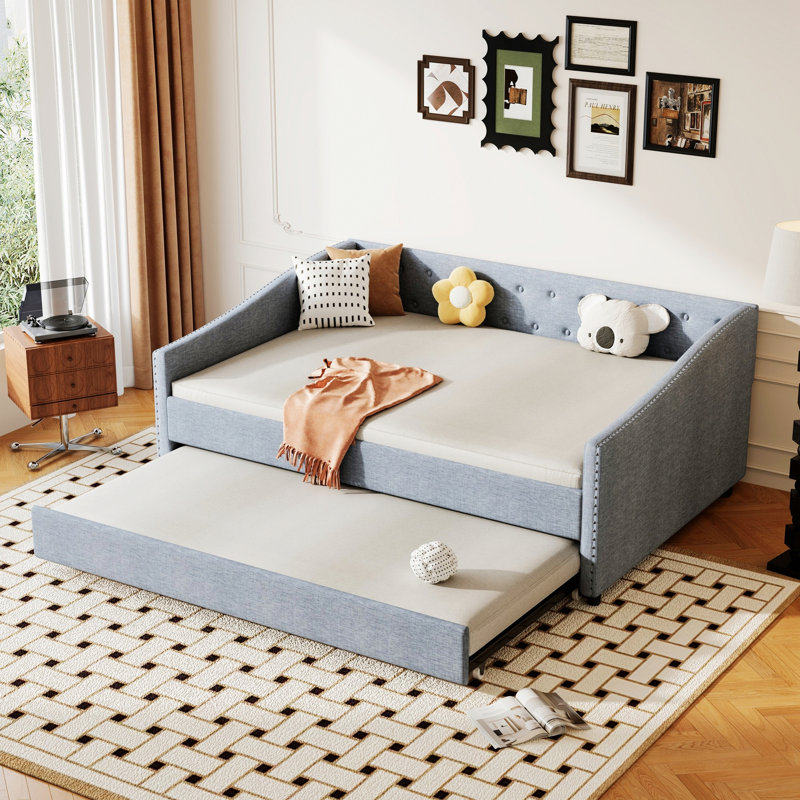 Daybed With Trundle, Upholstered Tufted Bed With Copper Nail