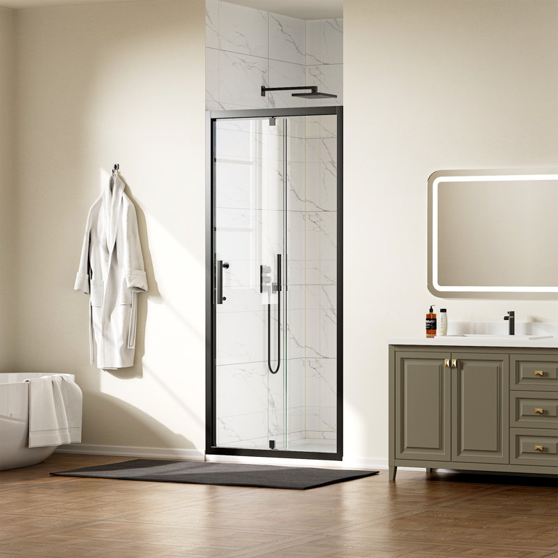 32 po X P 72 po Porte de douche à cadre pivotant en H noir mat avec verre trempé, Noir mat