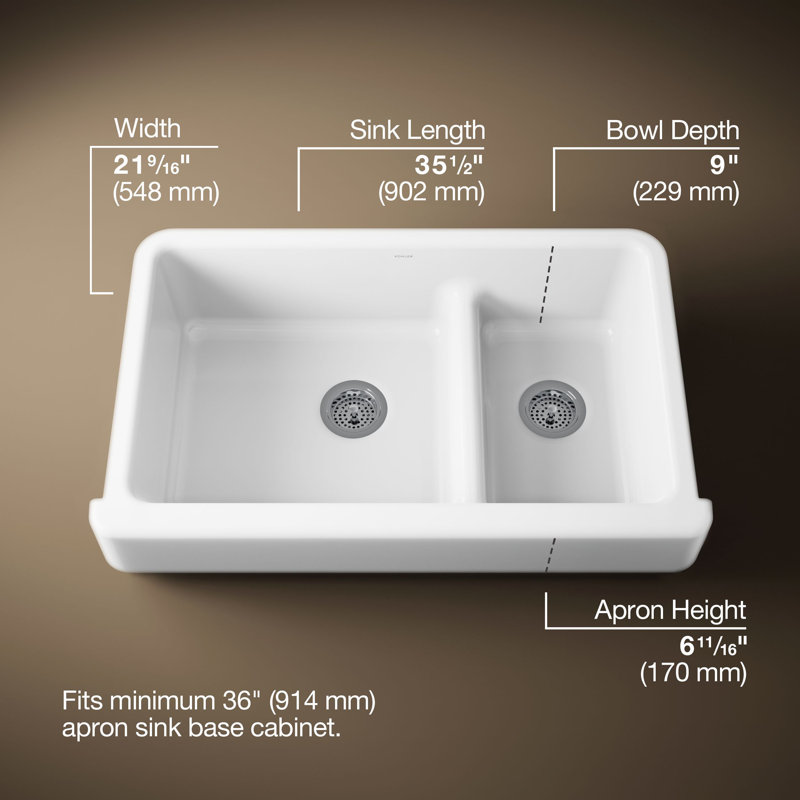 Whitehaven 36" L x 22" W Double Basin Farmhouse/Apron Kitchen Sink, White