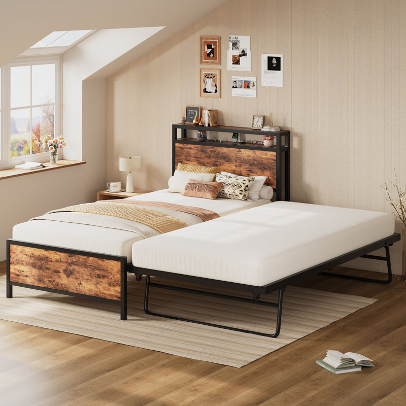 Twin Daybed with Pop-Up Trundle & Storage Headboard with Built-In Charging Station, Brown, Brown