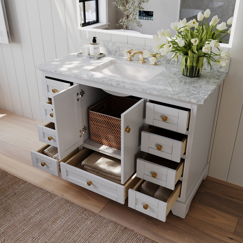 Ensemble de meuble-lavabo simple 48 po Varna, Blanc/or brossé, Marbre blanc de Carrare