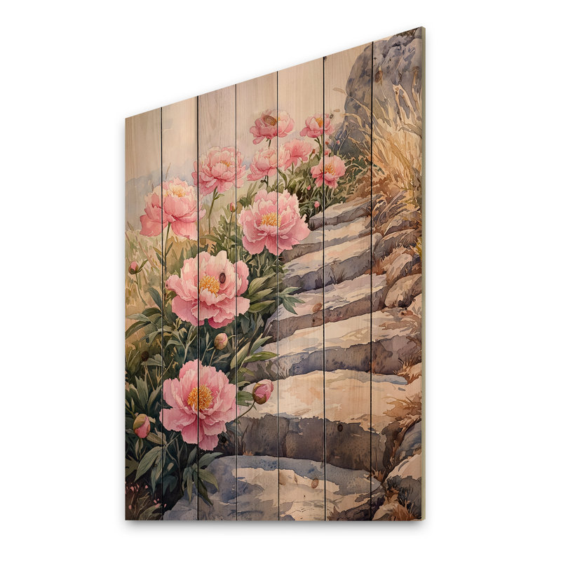 Pivoines par le chemin de pierre II - Art mural en bois de pivoines - sur bois de pin naturel, H 32 po x l 24 po x P 0,78 po