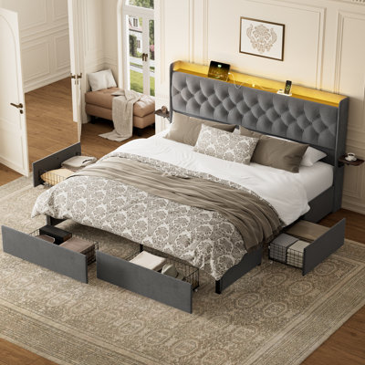  Upholstered King Platform Bed with 4 Storage Drawers, Storage Bed with LED light & Charging Station, Velvet Tufted Headboard with Adjustable Bedside Tables, No Box Spring Needed, Gray
