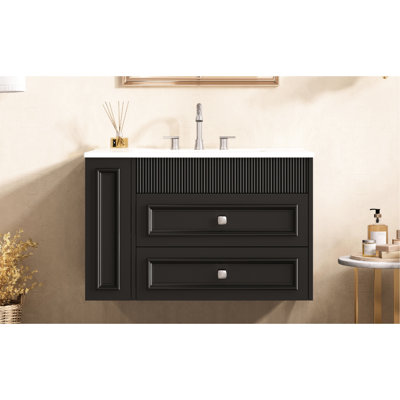 Wall Mounted 30'' Bathroom Vanity With Sink, Black, Modern Design, Hinges, , Smooth Drawer Slide, Unique Groove Pattern For Tidy 30 Inch Vanity, Modern, Boards, Exquisite Handle, Storage