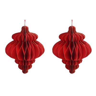 Deep Red Set of 2 Paper Ornate Baubles with Gold Edge