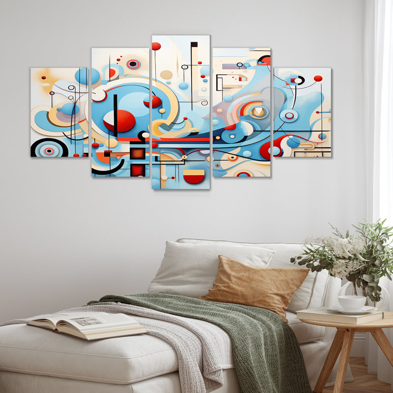 Mid-Century Symphony Blue Jazz I - décoration murale géométrique 5 pièces, H 32 po x l 60 po