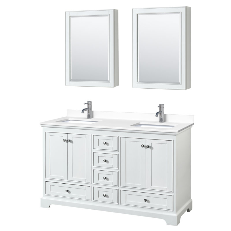 Ensemble de meuble-lavabo double 60 "avec miroir Deborah, Marbre de culture blanc, Blanc, Chrome poli