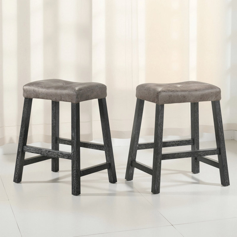 Set Of 2 Rustic Counter Stools, 25-Inch Backless Wooden Farmhouse Barstools, Space-Saving Counter-Height Seating, Gray, Khaki