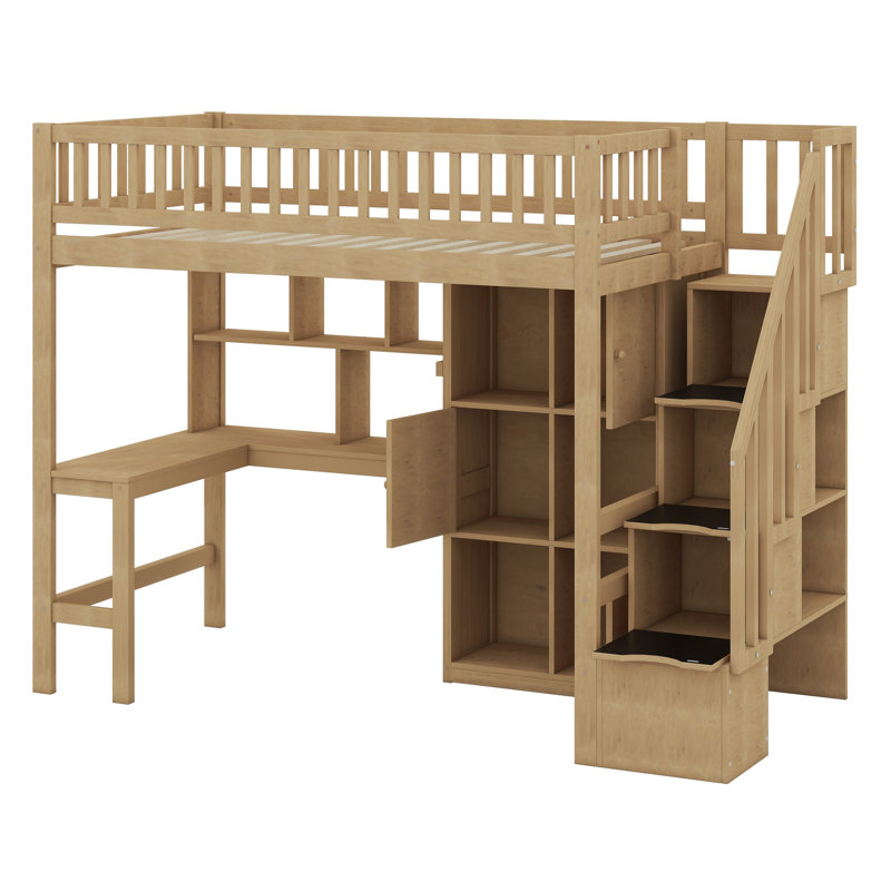 Lit mezzanine en bois avec bureau intégré, DEL, tablettes de rangement, armoires et escalier, Noyer