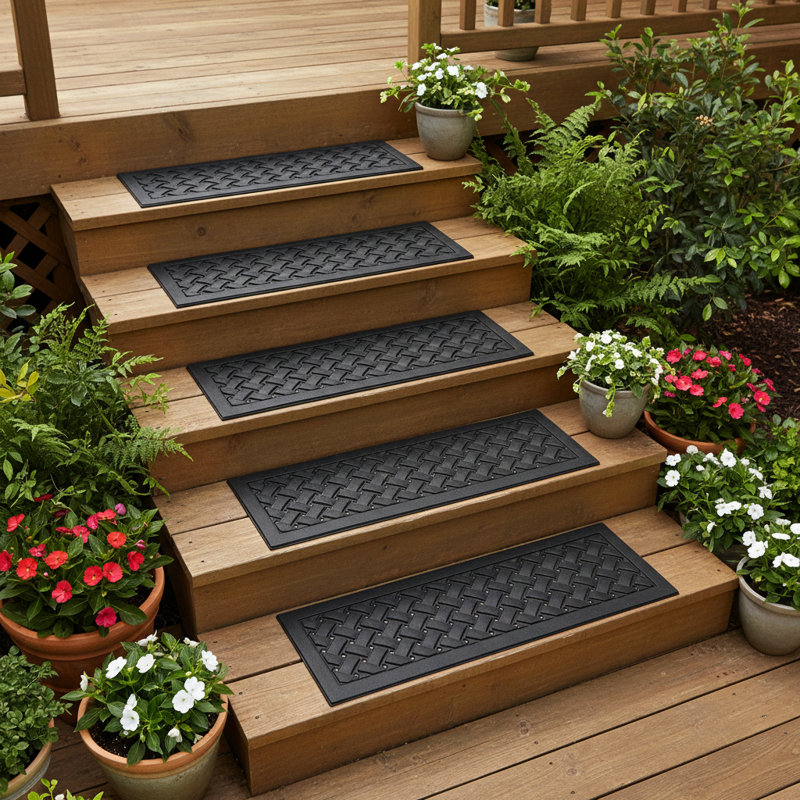 Set Of Six Black Lattice Outdoor Rubber Stair Treads
