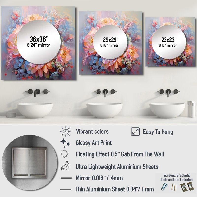 Delicate Blossoming Succulent Tender Pastels II - Succulent grand miroir carré pour décoration murale, 36 po x 36 po