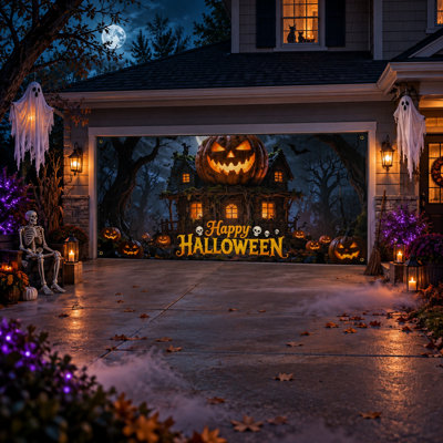 Décoration extérieure d'Halloween pour garage, fresque murale de 2,13 m × 4,88 m avec motif de maison citrouille.