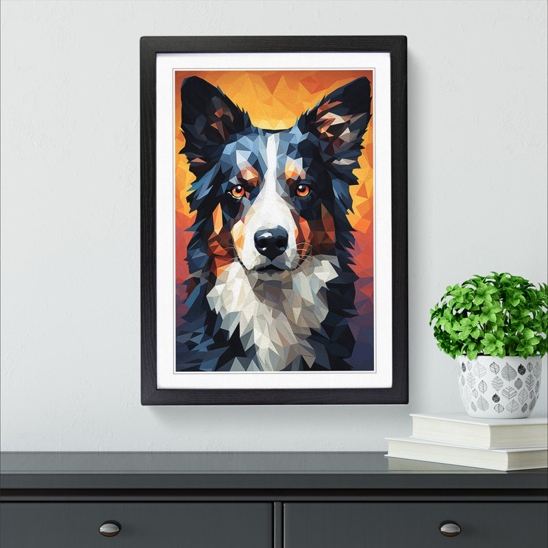 Border Collie Geometric - Single Picture Frame Print on Wood, Black Framed, 64cm H x 46cm W x 2cm D